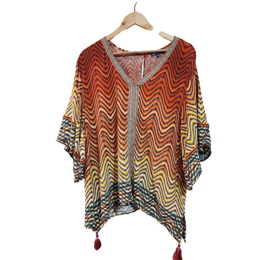Democracy Boho Multicolor Chevron Print Poncho Top With Tassels Womens Size L